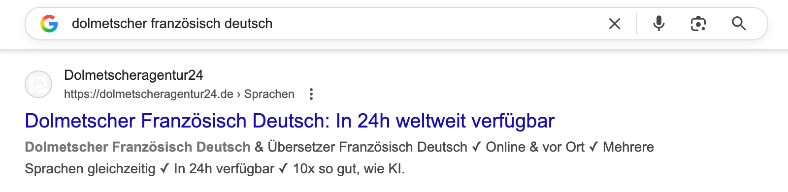 webdesign stuttgart | mad.Design Kunde Dolmetscheragentur24.de auf Platz 1 bei Google für Keyword Dolmetscher Französisch deutsch